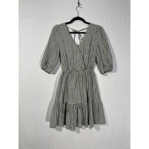 Prairie Cottagecore Gingham Mango MNG Wrap Mini Dress Womens Size 4 Green White